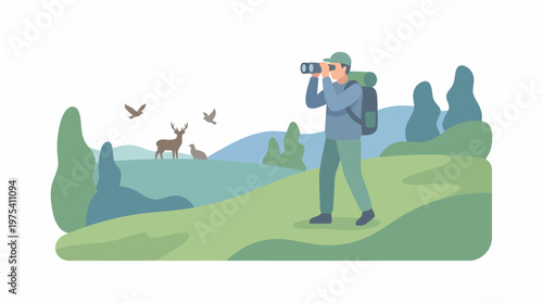 A male hiker standing in nature observing wildlife through binoculars. EPS Editable. Vector Illustrations.