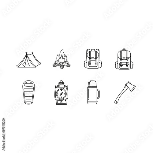 Hand drawn camping and outdoor adventure equipment icons set with adventure