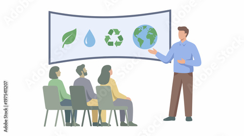 A presenter giving a presentation about environmental sustainability to an audience. EPS Editable. Vector Illustrations.