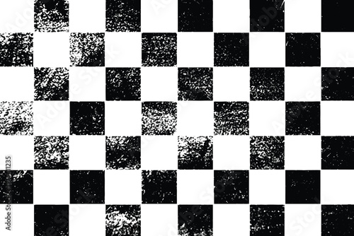 Tableau sur toile Distressed checkered pattern background, black and white grunge checkerboard texture, vintage racing flag aesthetic