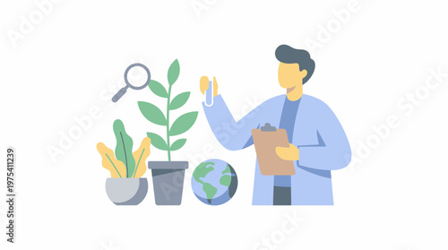 A scientist conducting environmental research on plant growth and global ecology. EPS Editable. Vector Illustrations.