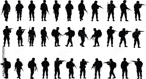 Silhouette armed soldiers, military stances, combat readiness, tactical rifle positions, defense illustration, uniformed fighters, army silhouettes, professional armed forces representation