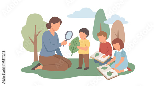 A teacher with magnifying glass teaching group of young children outdoors. EPS Editable. Vector Illustrations.