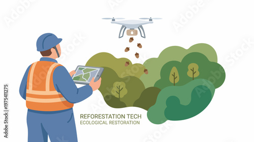 A technician operating a reforestation drone planting seeds in a forest area. EPS Editable. Vector Illustrations.