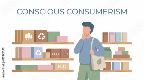 A thoughtful man shopping for ecofriendly products in a store. EPS Editable. Vector Illustrations.