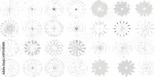 Collection of circular snowflake like patterns in varying shades of gray