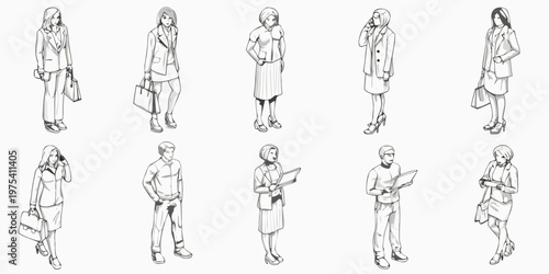 Diverse group of people in business attire sketched in grayscale