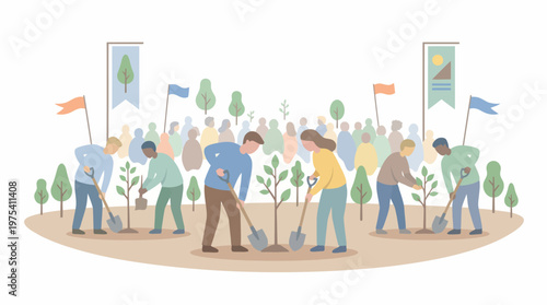 Diverse group of volunteers planting trees together in a community reforestation project. EPS Editable. Vector Illustrations.