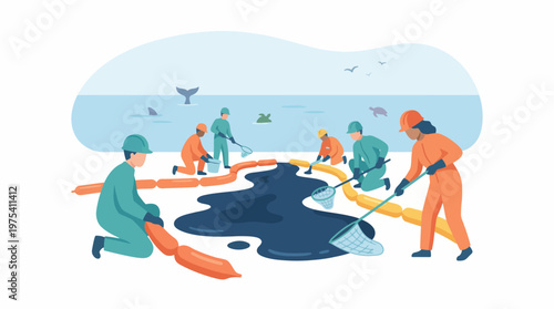 Environmental Workers Cleaning Up an Oil Spill on the Shoreline. EPS Editable. Vector Illustrations.