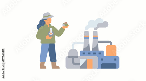Female environmental scientist monitoring factory emissions and air quality. EPS Editable. Vector Illustrations.
