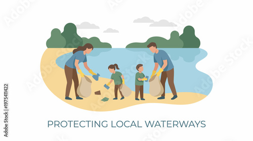 Family volunteering together to clean up litter from the beach. EPS Editable. Vector Illustrations.