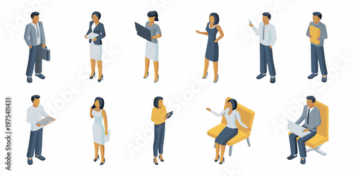 Isometric illustration of diverse professionals in various work scenarios
