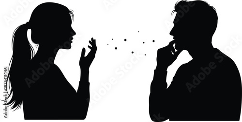 Silhouette illustration of two people communicating, dialogue exchange, interpersonal conversation, teamwork discussion, communication concept, business meeting, thoughtful listening, idea sharing