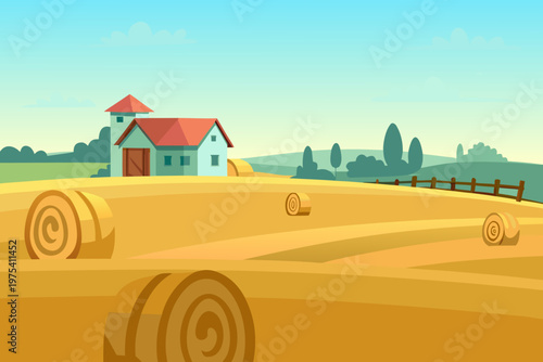 A charming countryside scene featuring a farmhouse and hay bales