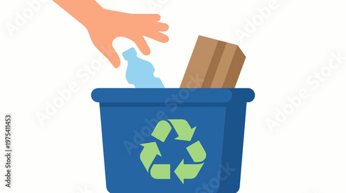 Hand throwing plastic bottle into blue recycling bin with cardboard box. EPS Editable. Vector Illustrations.