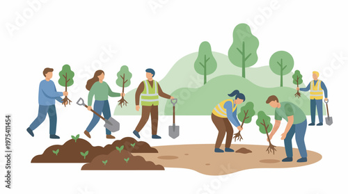 Group of diverse volunteers planting young trees in the soil together. EPS Editable. Vector Illustrations.