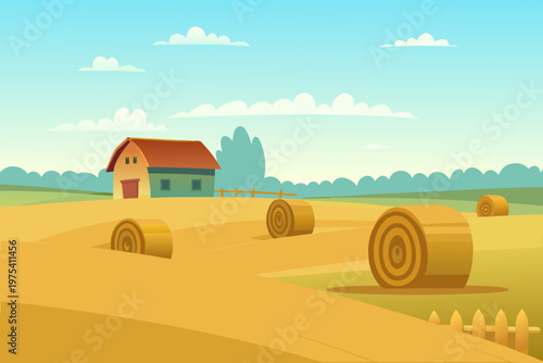 Cartoon countryside scene featuring hay bales a small house and blue sky