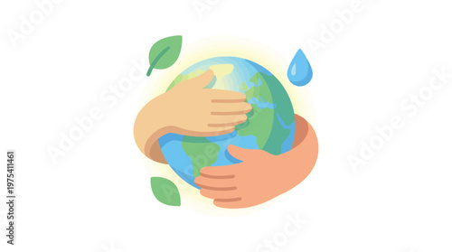 Hands holding and protecting the Earth globe with leaves and water drop. EPS Editable. Vector Illustrations.