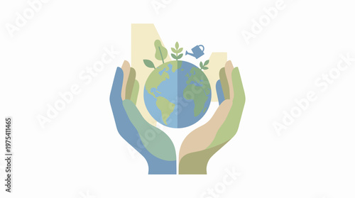 Hands holding a globe with plants and watering can symbol. EPS Editable. Vector Illustrations.