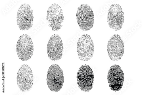 Set of grunge fingerprint textures, forensic identity icons, abstract biometric elements.