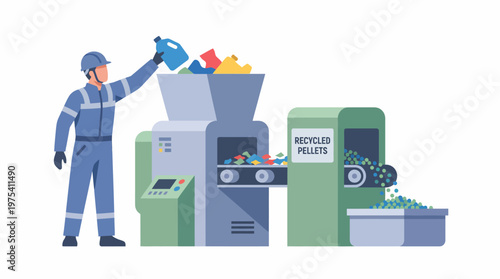 Industrial plastic recycling machine with worker operating the waste processing equipment. EPS Editable. Vector Illustrations.