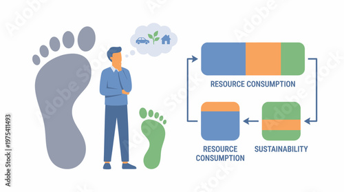 Man thinking about carbon footprint and sustainability resource consumption. EPS Editable. Vector Illustrations.