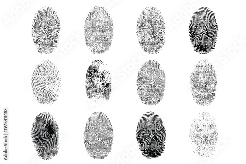 Set of grunge fingerprint textures, forensic identity icons, abstract biometric elements.
