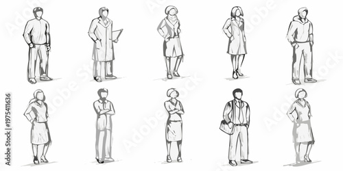Sketch of diverse people standing in various casual and professional poses