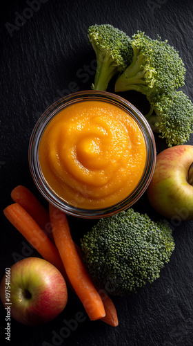 Bright orange puree made from vegetables and apples sits in a bowl surrounded by fresh broccoli and carrots on dark background.
