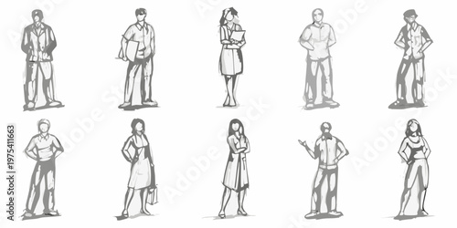 Group of diverse people illustrated in a simple grayscale sketch style