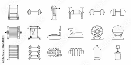 Line drawing of various gym equipment and fitness machines
