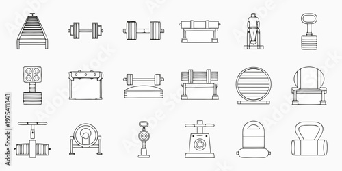 Line art illustration of various playground and gym equipment