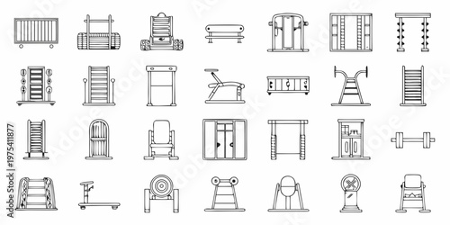 Line art illustration depicting various outdoor fitness and playground equipment