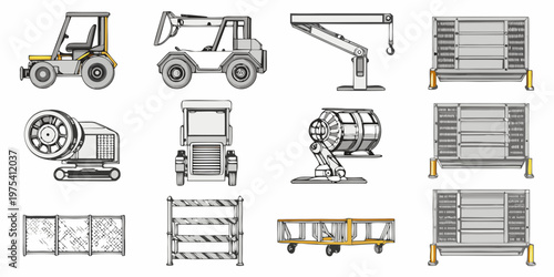 Construction equipment and industrial tools illustrated in a schematic design