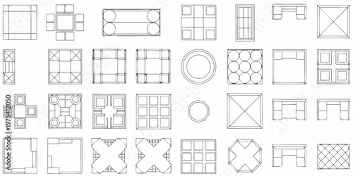 Overhead view of various furniture arrangements in a grid pattern