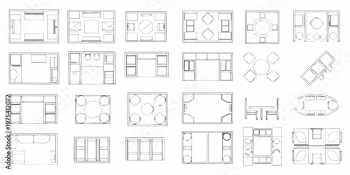 Collection of minimalist furniture arrangement floor plans in black lines