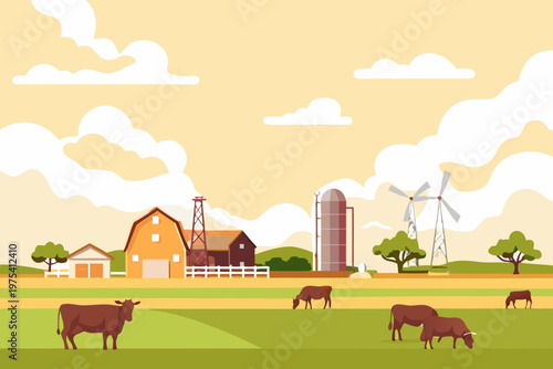 Peaceful rural landscape featuring farms cows and a gentle countryside scene
