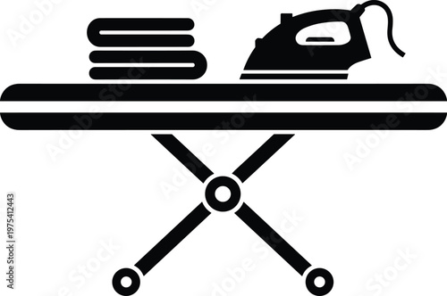 Ironing board with steam iron and stack of folded laundry silhouette on transparent background icon.
