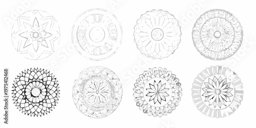 Eight hand drawn circular designs with floral and geometric patterns