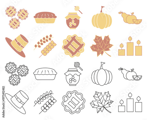 Autumn & Thanksgiving Icon Set – Cozy Fall Harvest Illustrations, Thanksgiving Elements Collection – Cute Flat Autumn Illustrations
