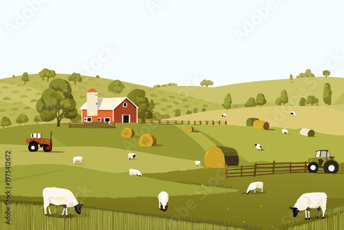 A peaceful countryside scene featuring a farm tractor and grazing sheep