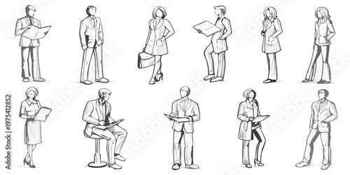 Diverse group of business professionals illustrated in a black and white sketch