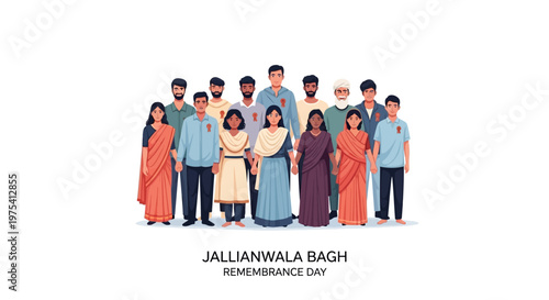 On Jallianwala Bagh Remembrance Day, a diverse group of Indians stands together in a vector illustration, paying tribute to martyrs with a clean background, conveying respect and national