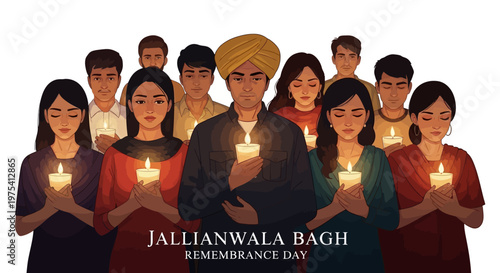 Solemn group illustration commemorating Jallianwala Bagh Remembrance Day, holding illuminated candles in a respectful tribute to martyrs of Indian history, against a clean white backdrop