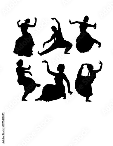 Classic costume India dancer, traditional dancing performance pose black silhouette