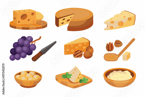 Assorted cheeses grapes nuts and accompaniments in a flat lay style