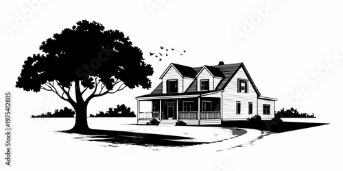 A vintage farmhouse illustration with a large tree and winding path
