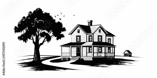 A detailed black and white illustration of a house with a large tree
