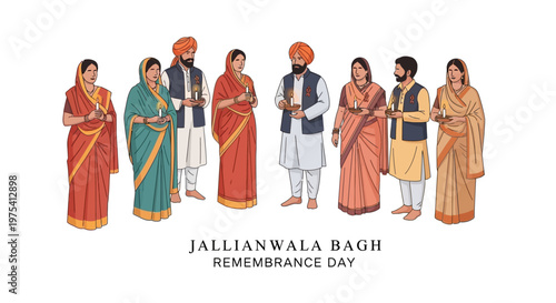 Group of Indian people dressed in traditional clothing paying tribute on Jallianwala Bagh Remembrance Day with candles against a clean white background in a vector illustration with respect