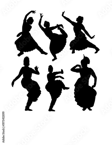Classic costume India dancer, traditional dancing performance pose black silhouette